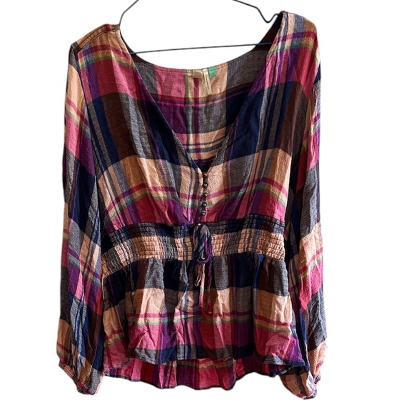 Anthropologie Plaid Plunging V-Neck long Sleeve Blouse 1X , GUC - Picture 4 of 8